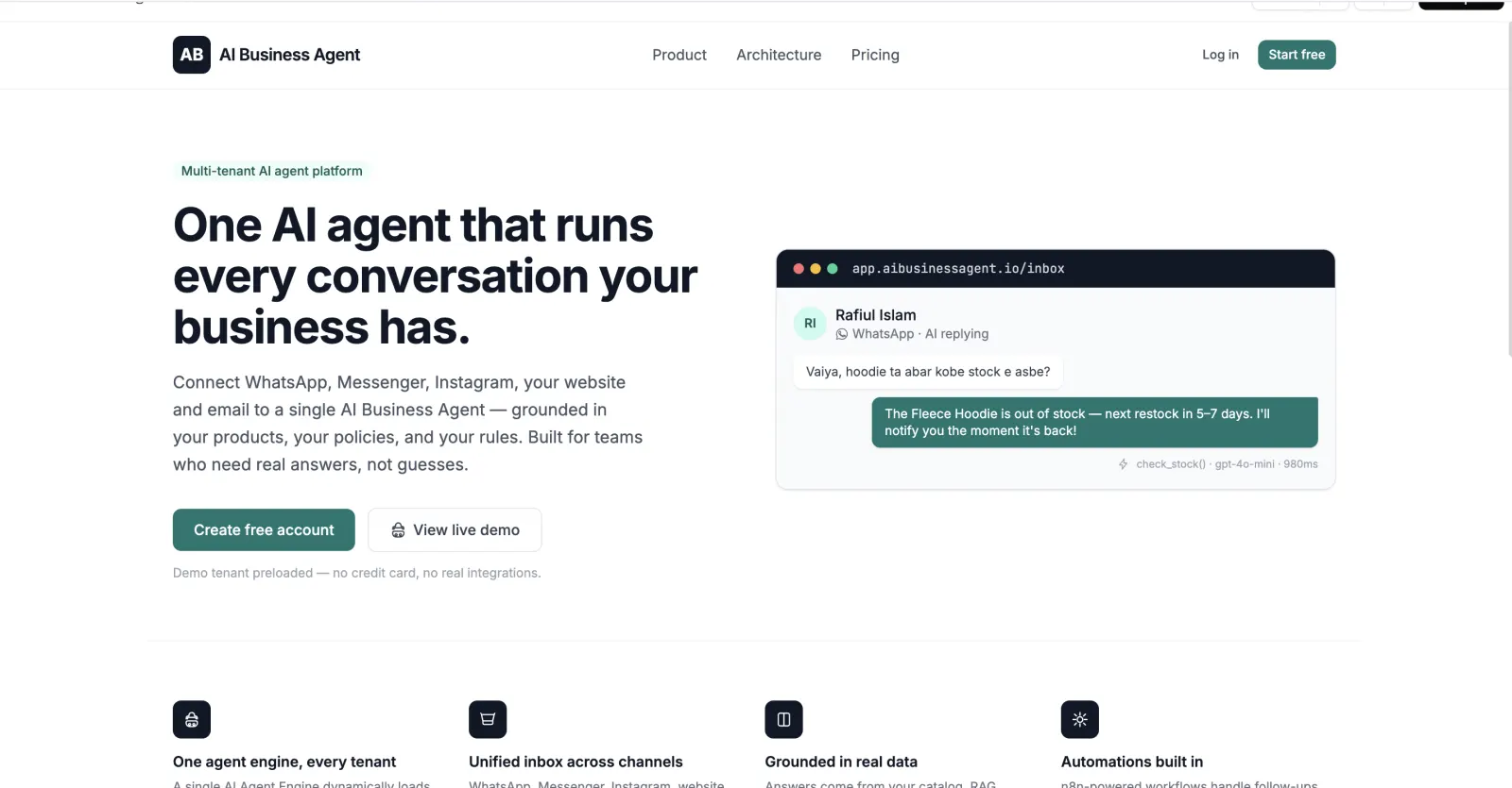 Workflow or product interface for AI Business Agent SaaS